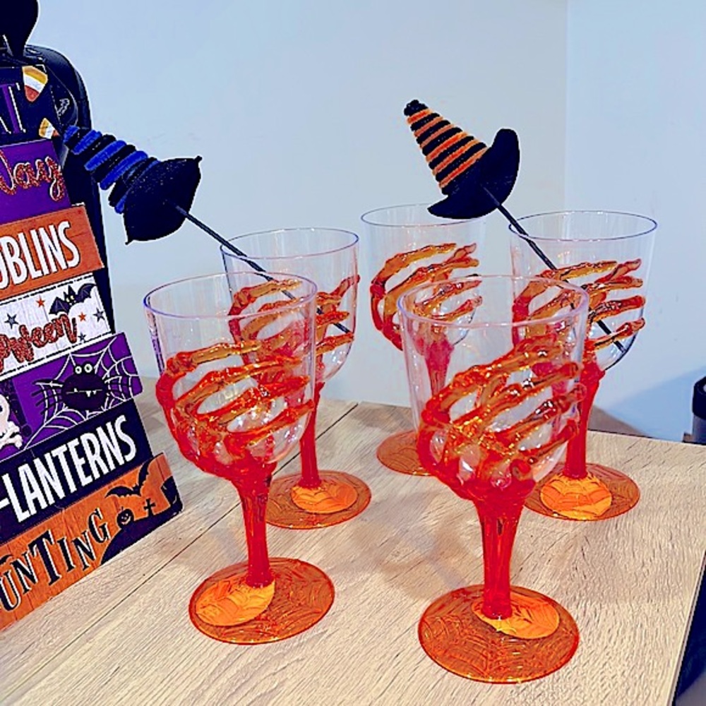 Set of 5 Halloween Skeleton Hand Goblets Orange Plastic Glasses Cups